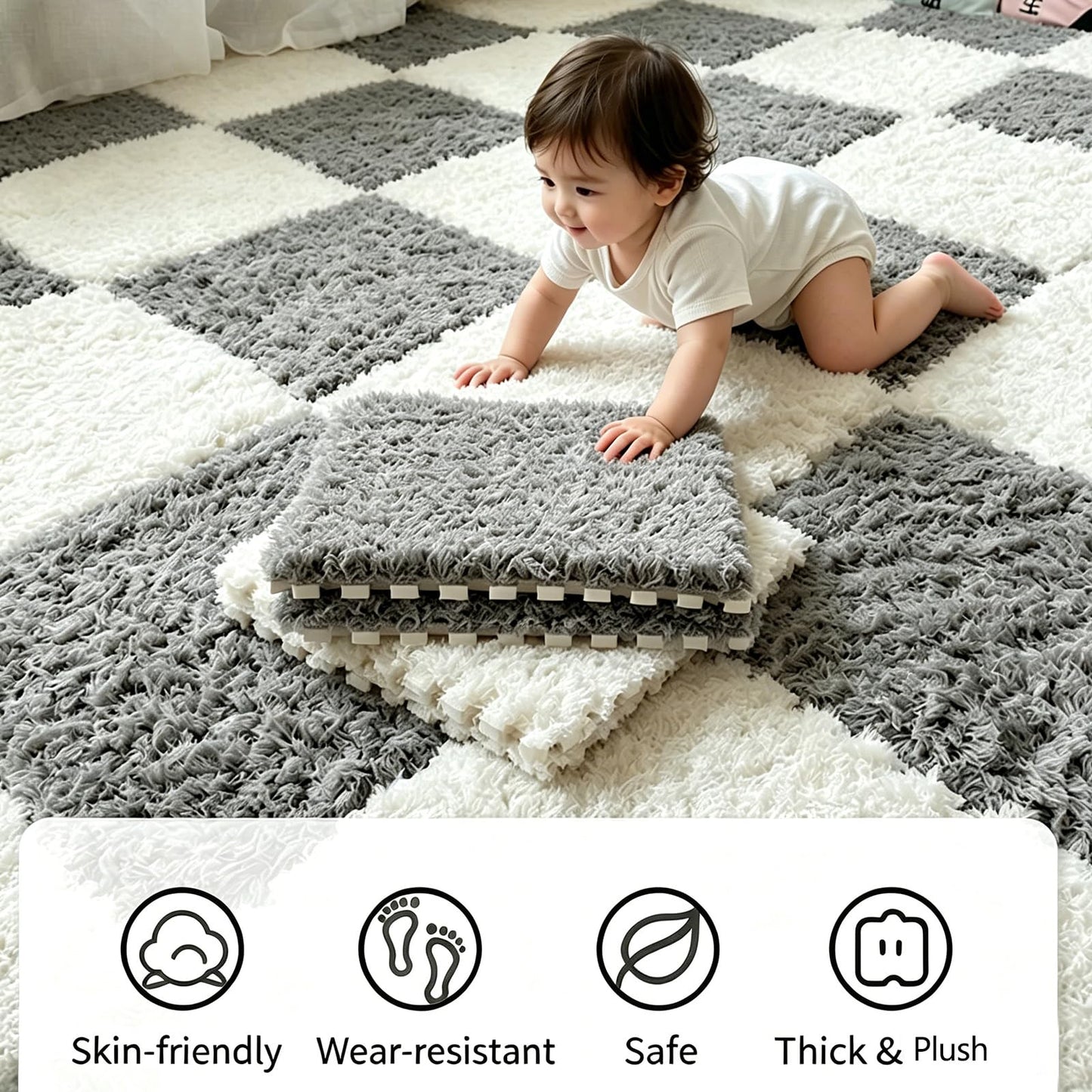 12 Pcs Soft Plush Interlocking Foam Floor Mats, Thick Puzzle Play Mat Tiles, Non Slip Carpet Tiles for Bedroom,Nursery,Living Room, DIY Area Rug Floor Padding(12" x 12" (Square), Blue+Grey)