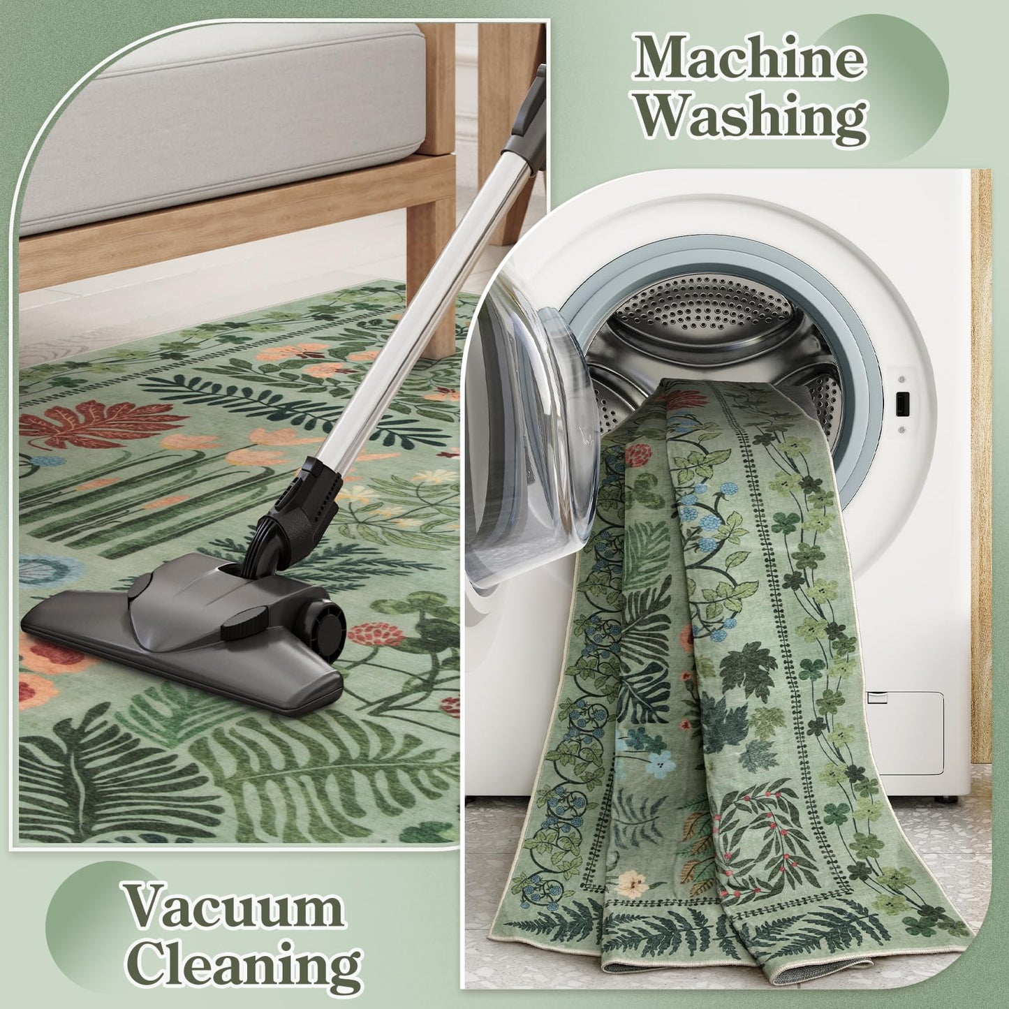 Zealude Boho Green Washable 8x10 Area Rug for Living Room, Floral Large Rugs for Bedroom Aesthetic, Non Slip Botanical Soft Indoor Throw Carpet for Dining Room Home Office Playroom (Green,8 x 10)