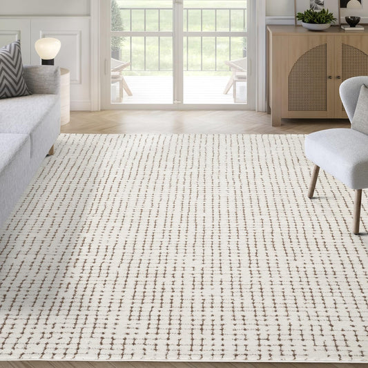 Abani Cream/Brown Area Rug – 4' x 6' – Oliver Collection – Crosshatch Pattern – Non-Shedding, Easy to Clean – Durable for Living Room, Bedroom, or Office, Pet & Child Friendly