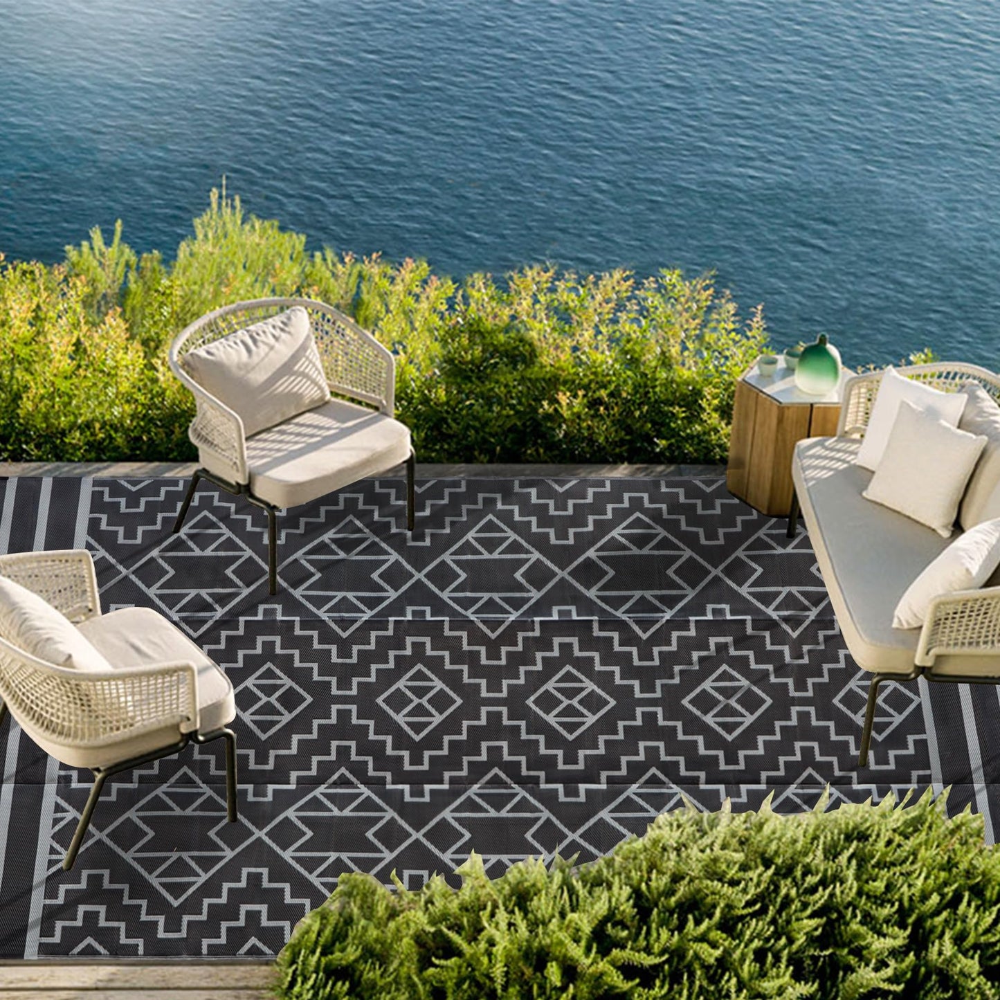 SAND MINE Reversible Mats, Plastic Straw Rug, Modern Area Rug, Large Floor Mat and Rug for Outdoors, RV, Patio, Backyard, Deck, Picnic, Beach, Trailer, Camping (9' x 18', Black & Grey)