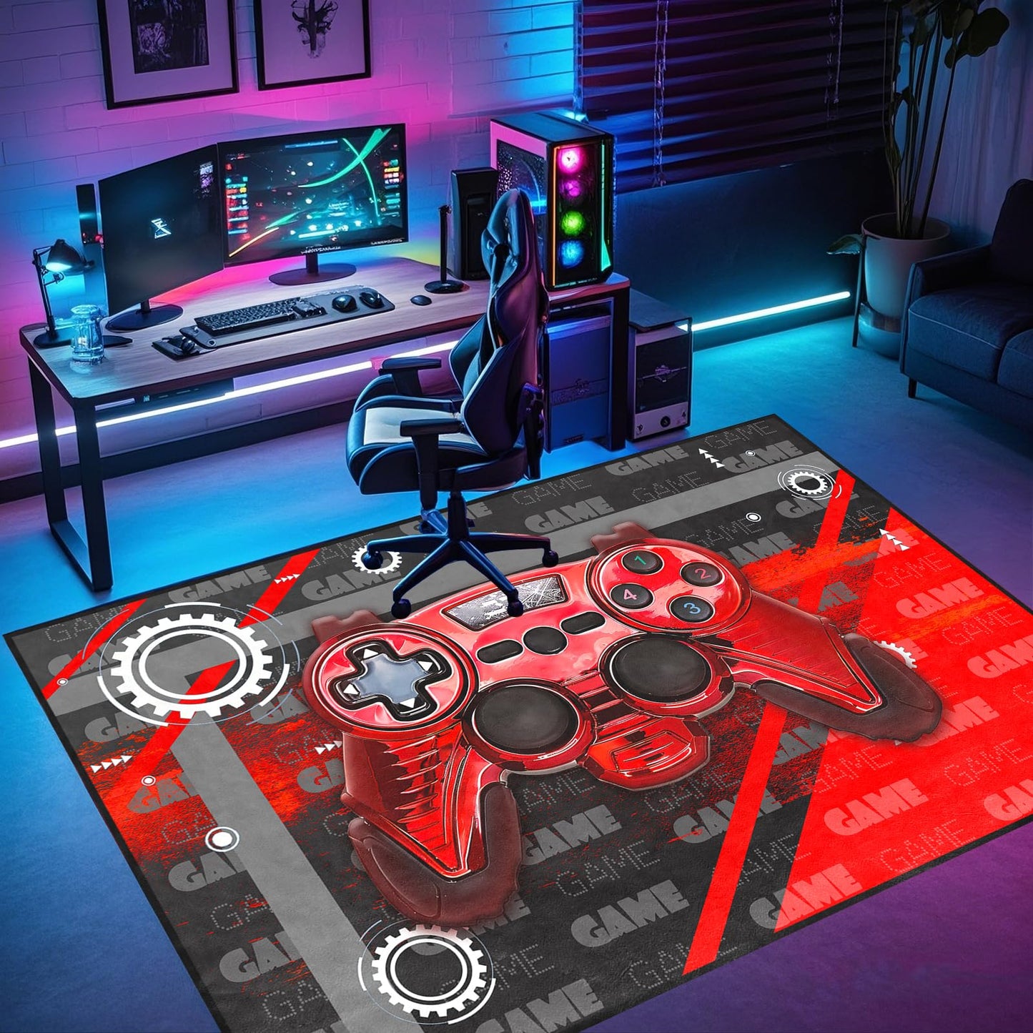 Gamer Teen Area Rug Floor Rugs for Boys 3D Gamepad Red Medium Carpet for Bedroom Floor Mat Doormats Kids Room Gaming Rug Player Black Living Room Mat Home Decor Sofa Carpet, 3'x5'