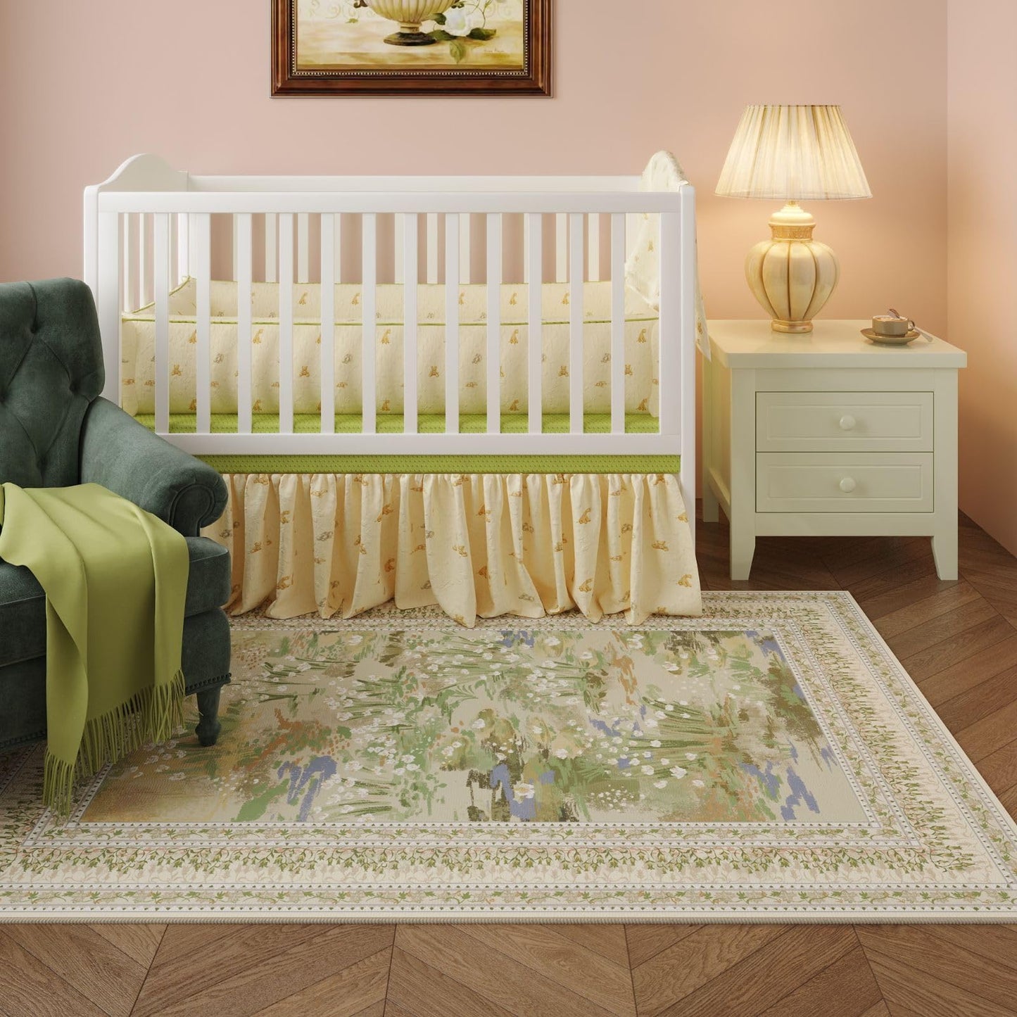 Rugcomf 5x7 Area Rugs Impressionist-Style Vintage Washable Area Rug Non Slip Low Pile Large Rugs for Living Room Bedroom Farmhouse Dining Room Kids Playroom, Beige