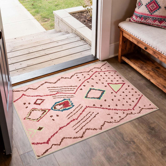jinchan 2x3 Entryway Rug Pink Washable Modern Boho Rug Geometric Hot Nerd Doormat Soft Low Pile Non Slip Accent Small Mat Lightweight Cozy Throw Carpet for Kitchen Bathroom Laundry Room Study Dorm