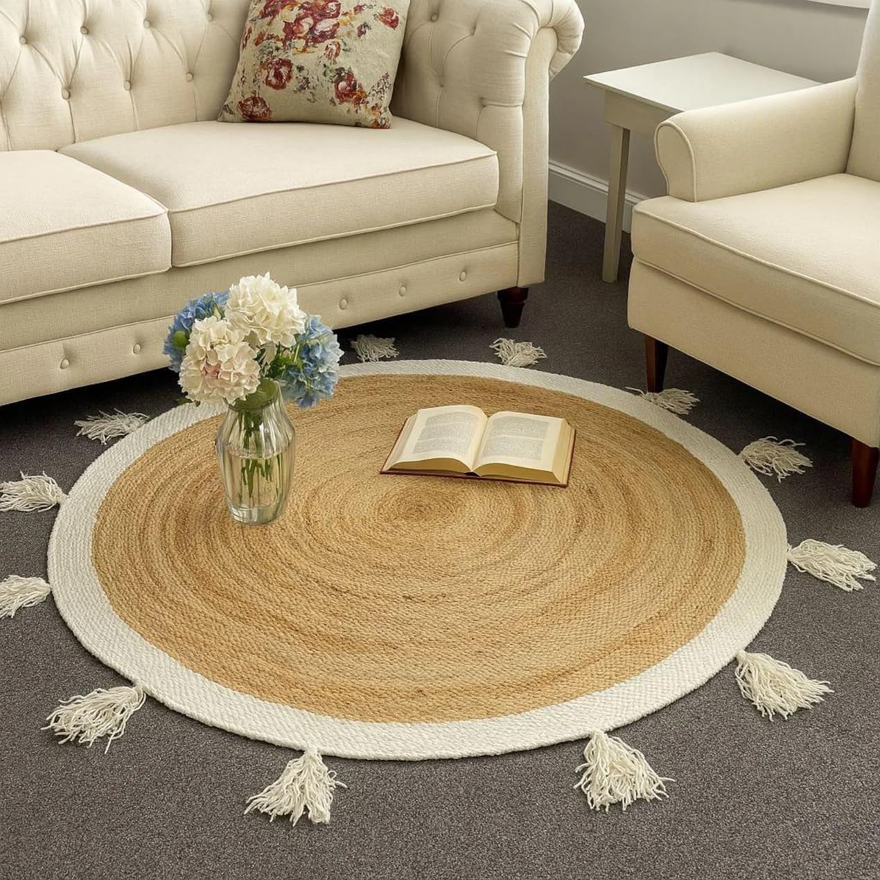 Manvi Exports 4x4, 5x5, 6x6,Feet Natural Jute Area Round Rug, Floor Round Fringe Area Rug Braided Boho Eco Large Circular Handmade Area Rugs (RND1-2 ft)