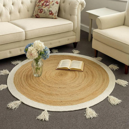 Manvi Exports 4x4, 5x5, 6x6,Feet Natural Jute Area Round Rug, Floor Round Fringe Area Rug Braided Boho Eco Large Circular Handmade Area Rugs (RND1-2 ft)