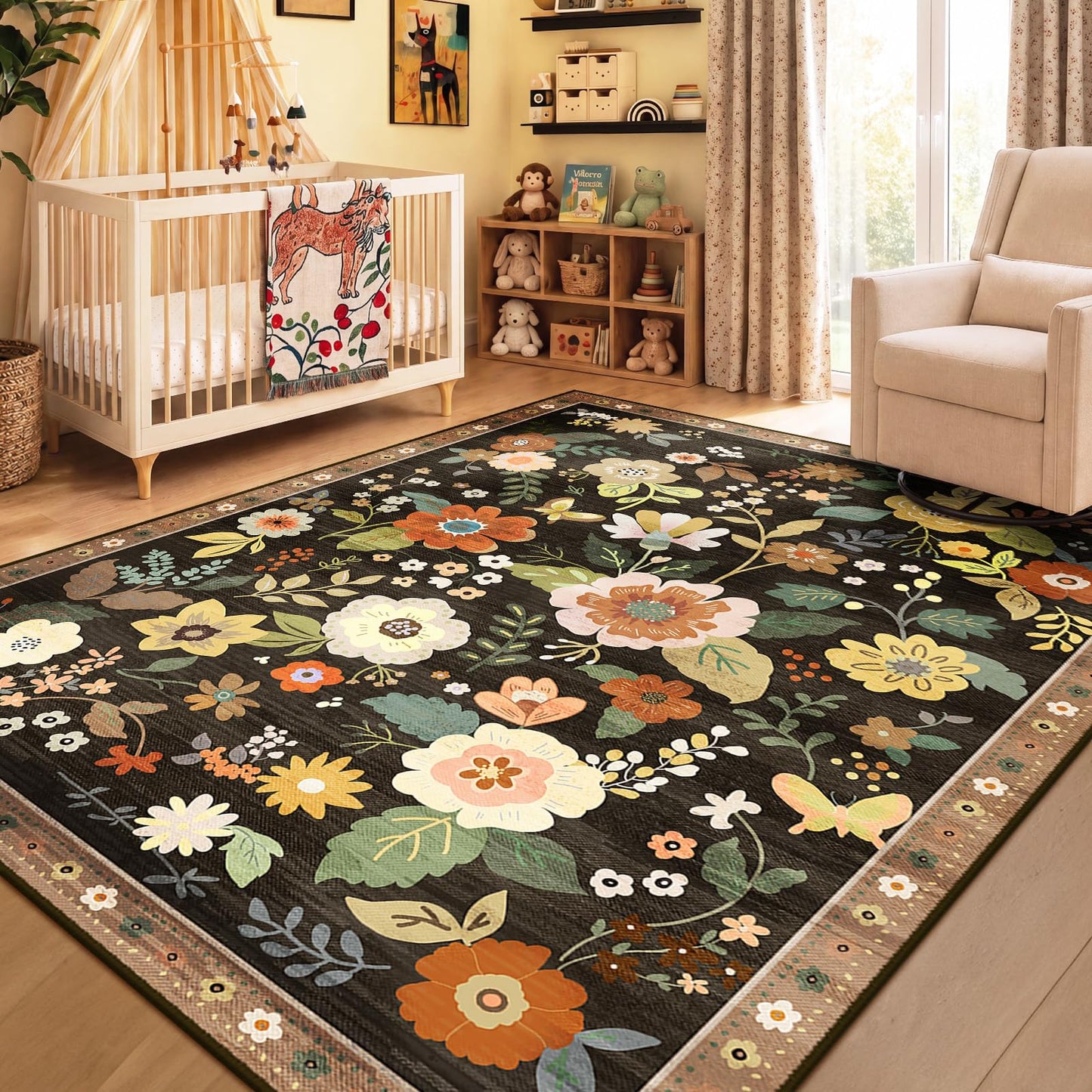 RELEANY Floral 6x9 Area Rugs Washable Print Boho Cute Carpet Non Slip Flower Low Pile for Living Room Bedroom Kitchen Office Farmhouse-Black/Yellow/Red