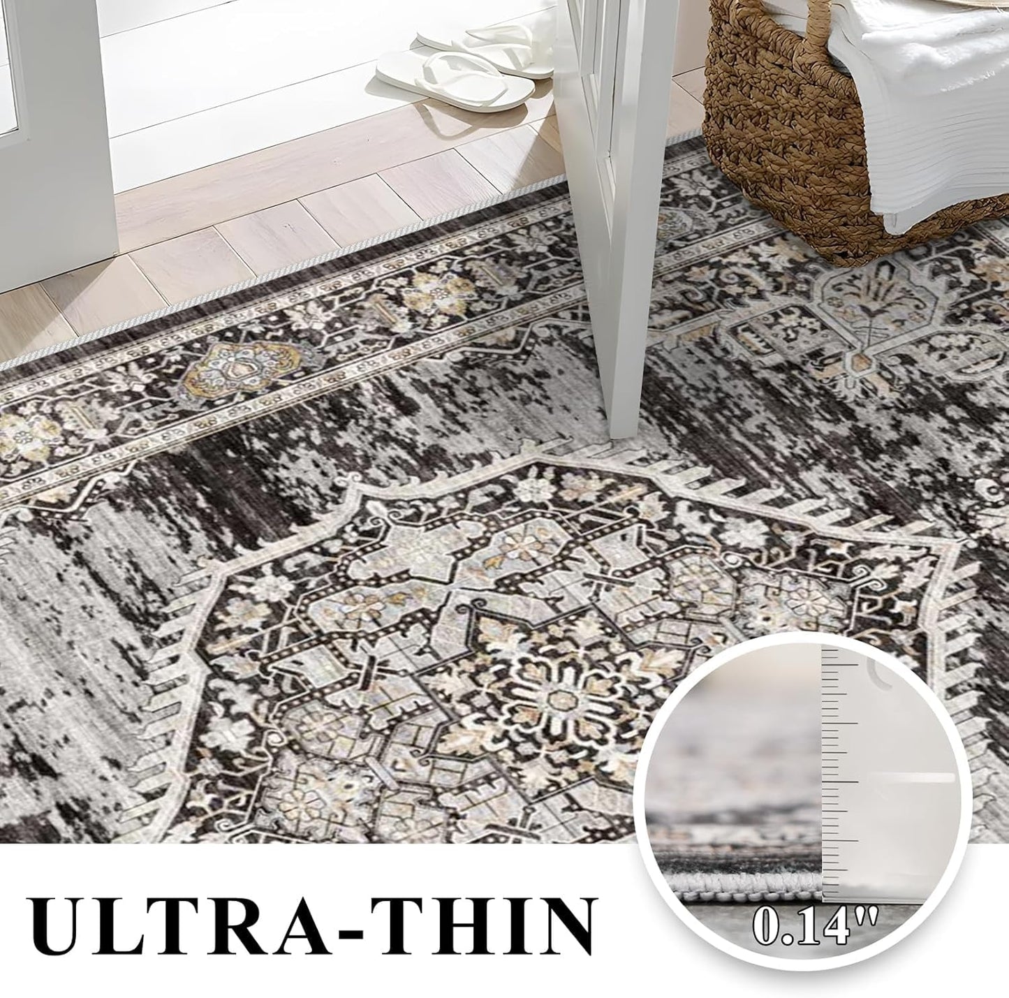 Washable Area Rugs 5x6 Entryway: Soft Ultra Thin Low Pile Mat Machine Washable Indoor Doormat Lightweight Entry Rug Anti Slip Backing Rugs for Living Room Bedroom Kitchen 5'x6' Black