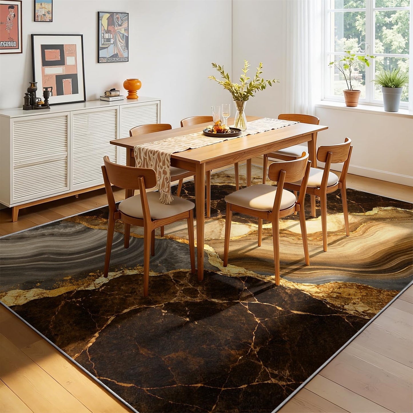 Earth Tone Brown Agate Marble Area Rug 3' x 4', Warm Beige Geode Printed Floor Carpet with Gold Accents, Non-Slip Low-Pile Washable Door Mat for Dining Room Kitchen Laundry Room Mudroom Farmhouse