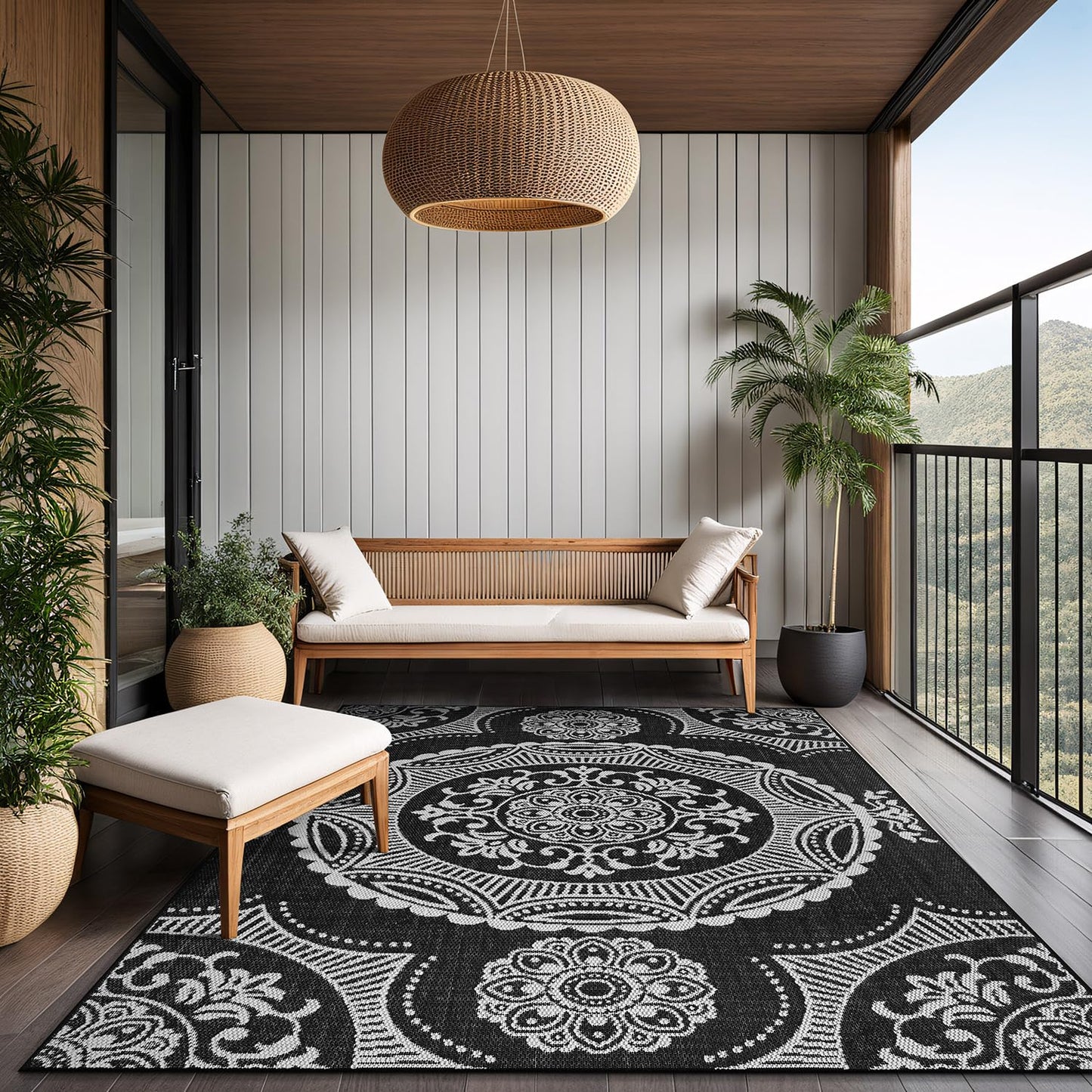 Luul Home Medallion Outdoor Rug 8x10 Washable Outside Carpet for Indoor Patio Porch Waterproof Easy Cleaning Non Shedding Area Rugs Black 8 x 10