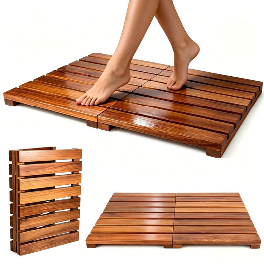 Nhohobiy Wood Shower Bath Mat - Foldable Wooden Bathroom Mat, Bamboo Teak Acacia Floor Mat Rugs for Inside Shower Platform Outdoor Indoor