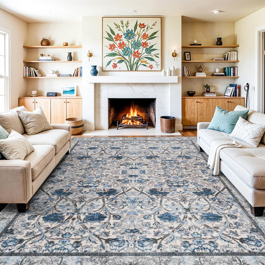 BYYVOO 10 x 14 Area Rug - Floral Living Room Area Rug Washable Vintage Rugs Low Pile Non Slip Carpets with Rubber Backing Soft Indoor Thin Rug for Bedroom Dining Room Office 10x14 Blue Cream