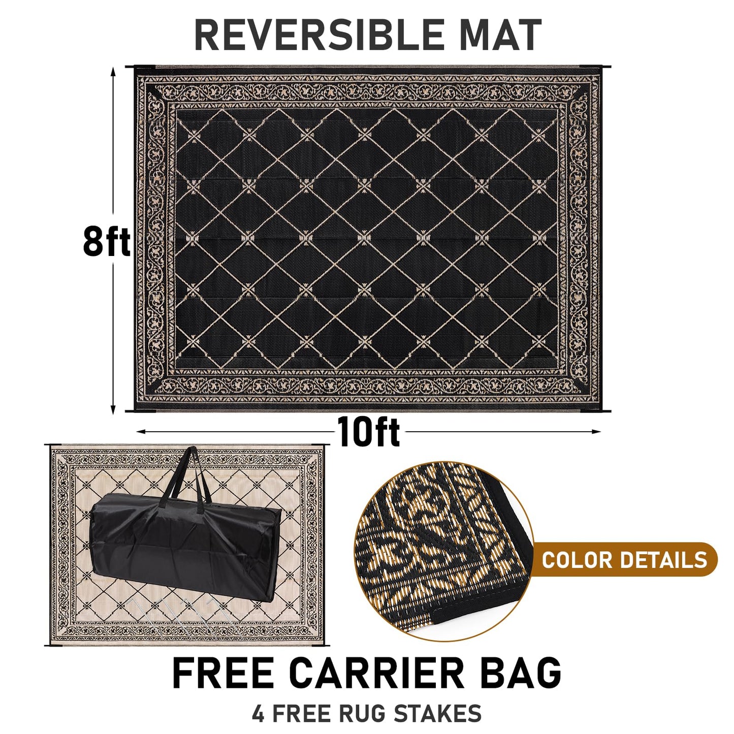 HiiARug Outdoor Rug 8'x10' for Patios Waterproof Patio Rugs Outdoor Mats for Front Porch,Beach Mat,Reversible Plastic Straw Camping Rugs for Outside RV,Deck,Balcony,Backyard，Black&Beige