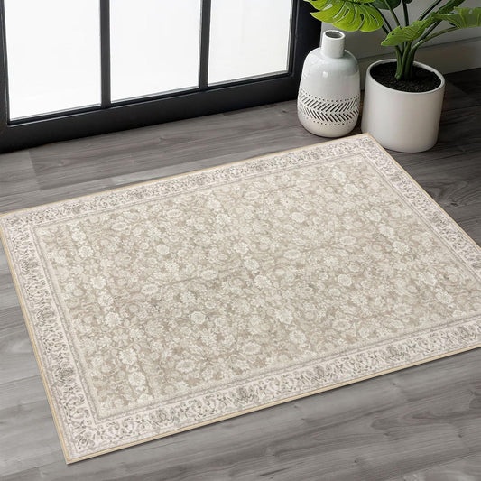SIILOOM 2x3 Washable Rug Soft Area Rug for Entryway, Cream Beige Yellow White Grey Non-Slip Indoor Door Mat Distressed Floral Low-Pile Kitchen Rugs, Neutral Vintage Carpet for Entrance Farmhouse