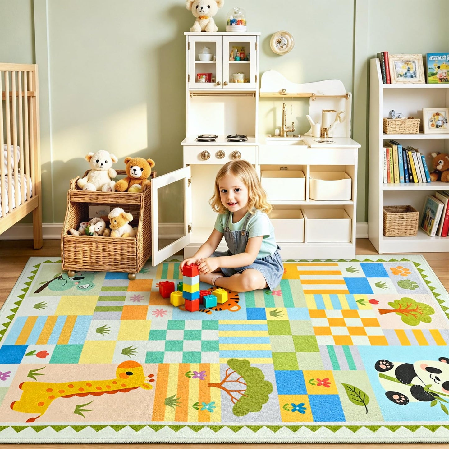 4x6 Washable Kid Playroom Rug, Unisex Green Safari Jungle Woodland Animal Toddler Carpet, Soft Non-Slip Baby Nursery Area Rug with Cute Colorful Checkered Design for Boy Bedroom