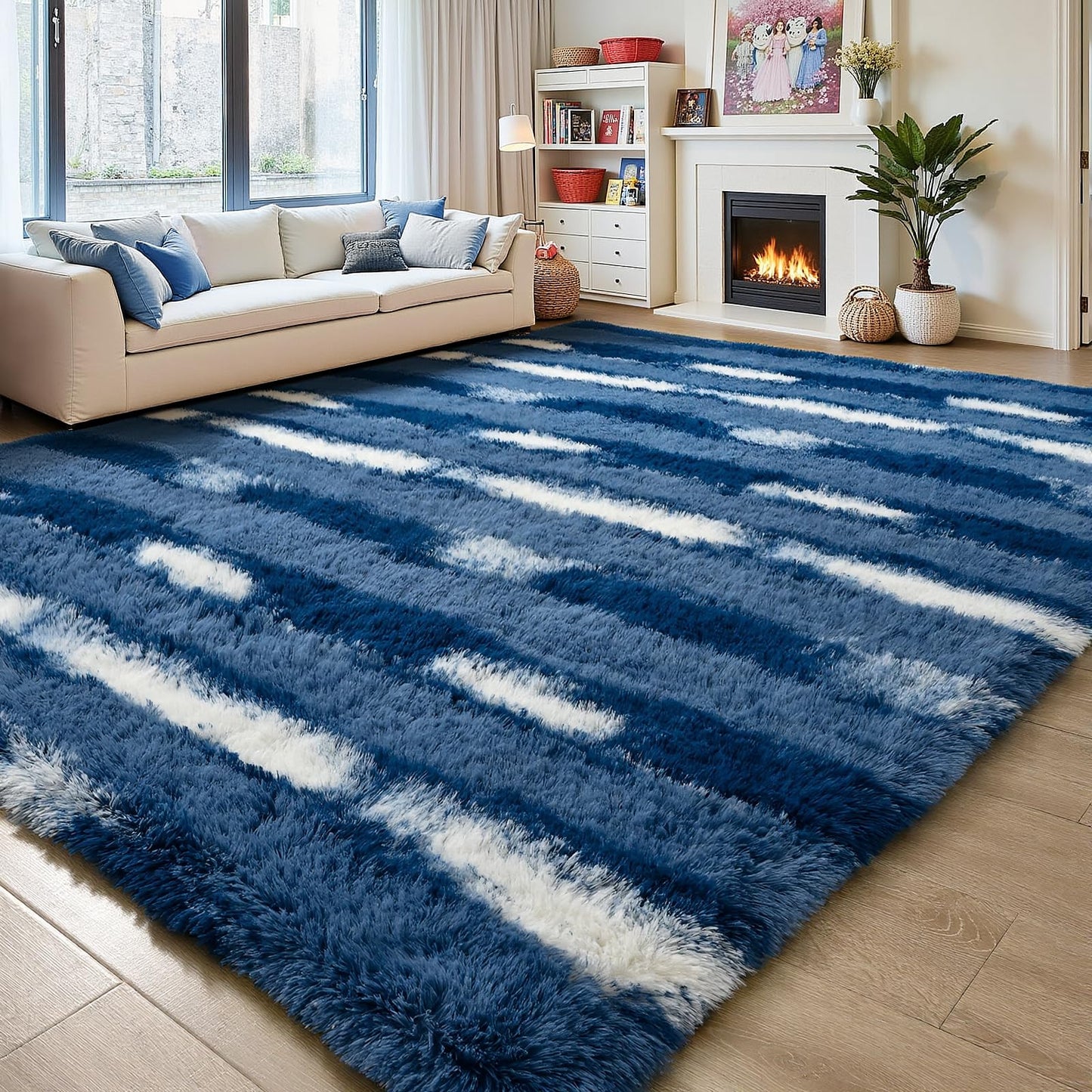 FALARK Shag Blue Striped Area Rug for Boys Room, 4x6 Feet Fluffy Soft Plush Rug for Kids Bedroom Decor, Indoor Non Slip Washable Carpet, Shaggy Carpets for Living Room, Playroom, Nursery