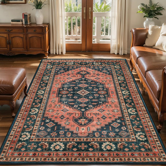 Tangsoo Oriental Washable 5x7 Area Rug for Living Room,Vintage Non Slip Large Rugs Soft Non-Slip Carpet,Boho Low Pile Foldable Floor Rug for Bedroom Dining Room Dorm Office Home Decor Red Blue