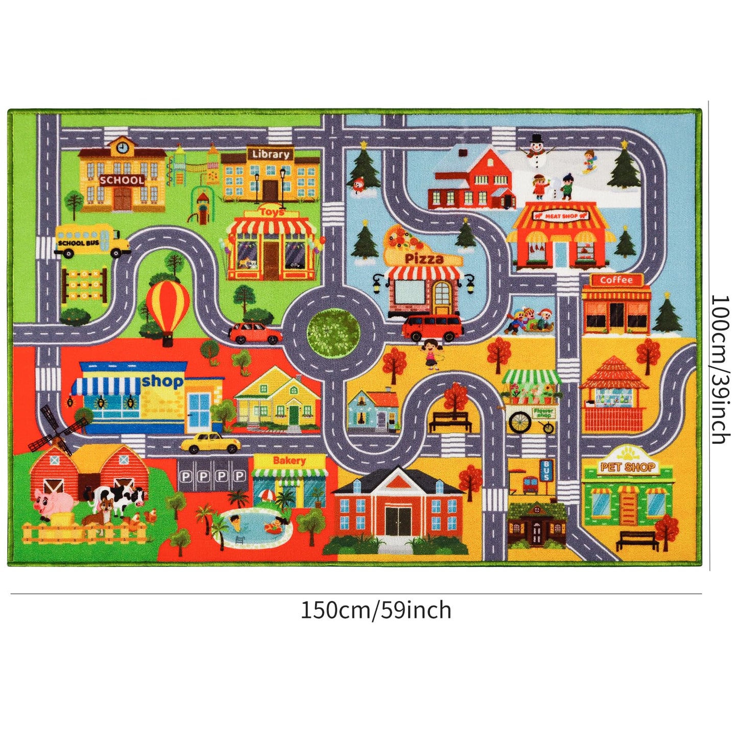 Car Rugs for Kids Toy Cars, Non-Slip Traffic Road Rug for Playroom, City Map Race Track Carpet Washable Kids Rug for Boys Bedroom Classroom (59X39.4 INCH, Four Season)