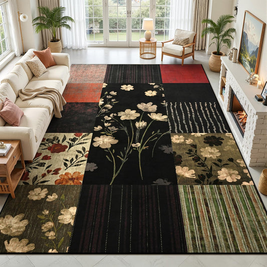 DweIke Area Rugs 4'x6' Washable Colorful Rug for Living Room, Non-Slip Modern Geometric Patchwork Stain Resistant Indoor Throw Carpet for Bedroom Dining Room Farmhouse Office Decor, Black