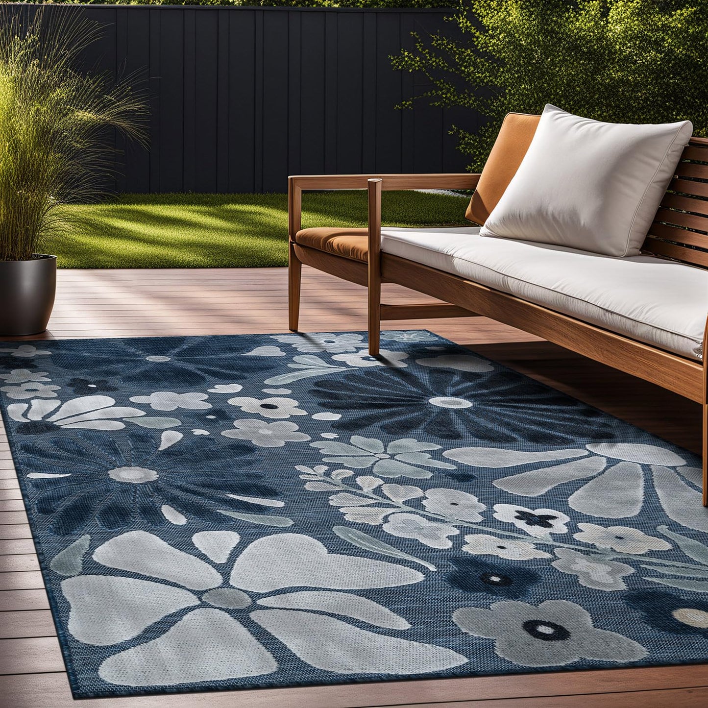 Beverly Rug Outdoor Rug 8x10 Modern Floral Tropical Area Rugs for Outdoor and Indoor Patio Easy to Clean Non Shedding Living Room Porch Garden Washable Outside Carpet (8 x 10 Navy)