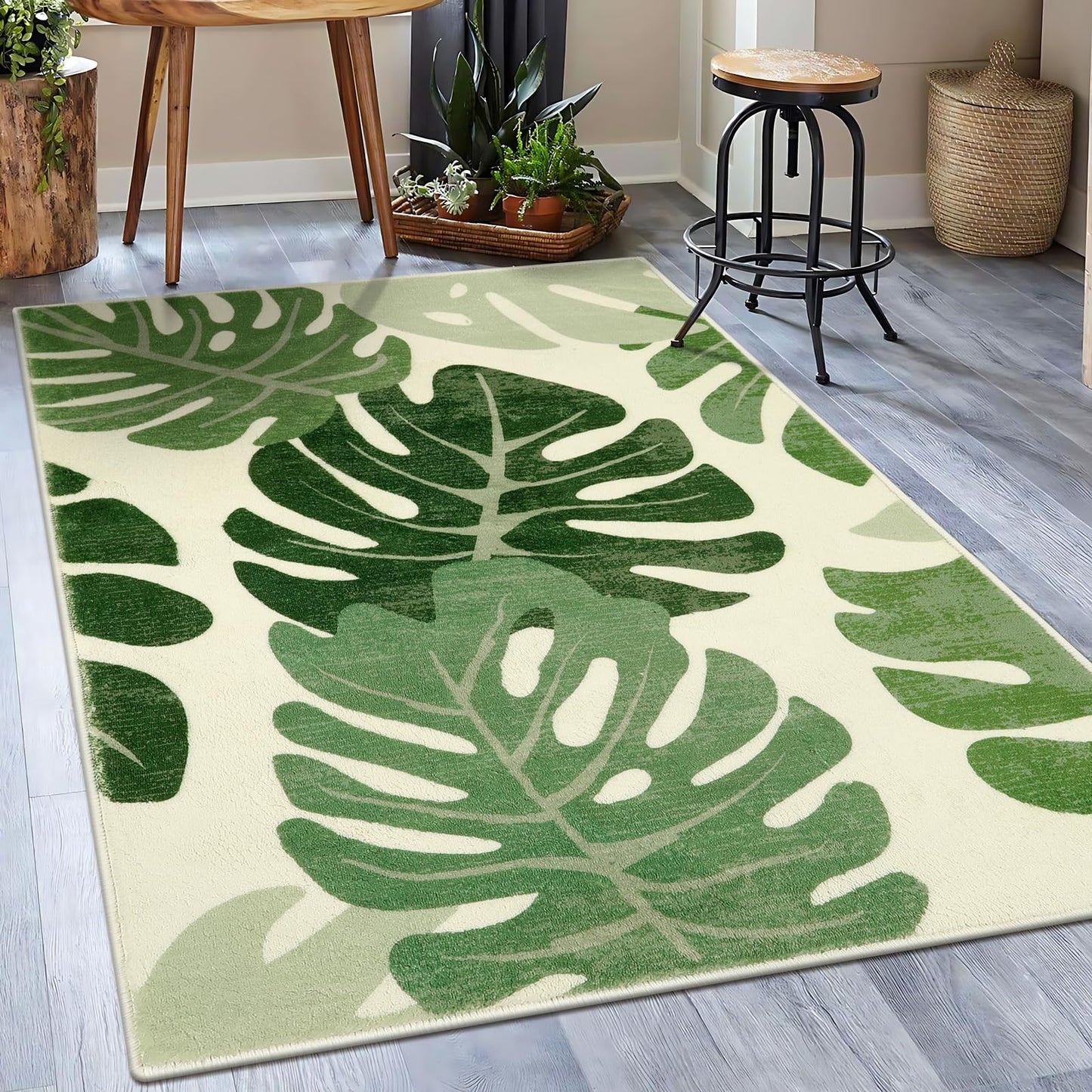 Lukinbox Leaf Indoor Outdoor Area Rugs for Patio, 5x7 Green Washable Living Room Rug Tropical Monstera Plant Non-Slip Bedroom Rugs, Large Accent Area Carpets for Dinning Room Porch