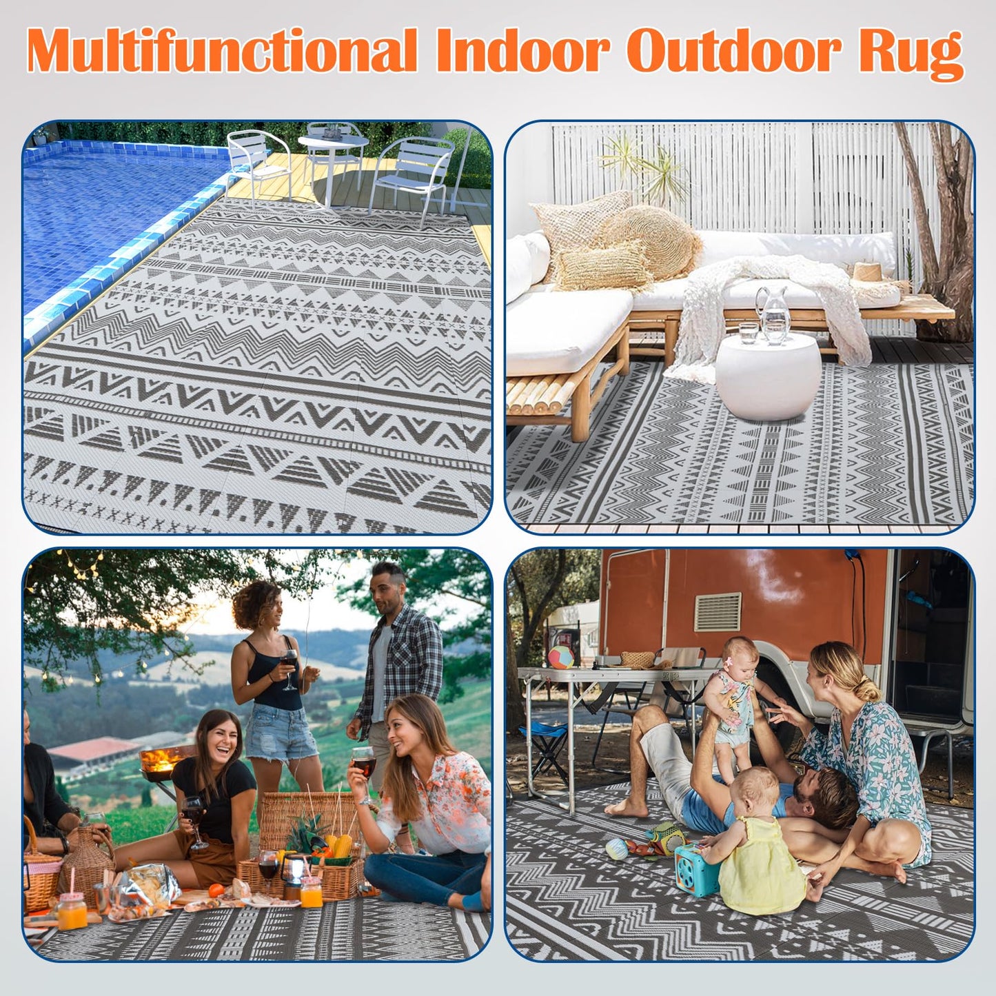 Outdoor Patio Rugs 8x10 Waterproof Outdoor Plastic Straw Rug Reversible Outdoor Rug 8x10 Clearance Rv Mat UV Fade Resistant ,Stain Resistant, Grey White Outside Rug for Deck,Balcony,Camping,Pool