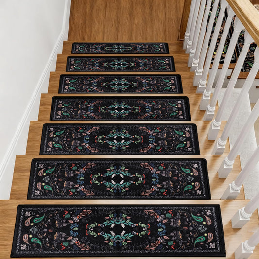 Retro Stair Treads Non Slip for Wooden Steps 15PCS 8"x30" Stair Carpet Treads TPR Backing Soft Stair Rugs Runner Washable Reusable Indoor Safety Stair Mats for Elders Kids Dogs Black