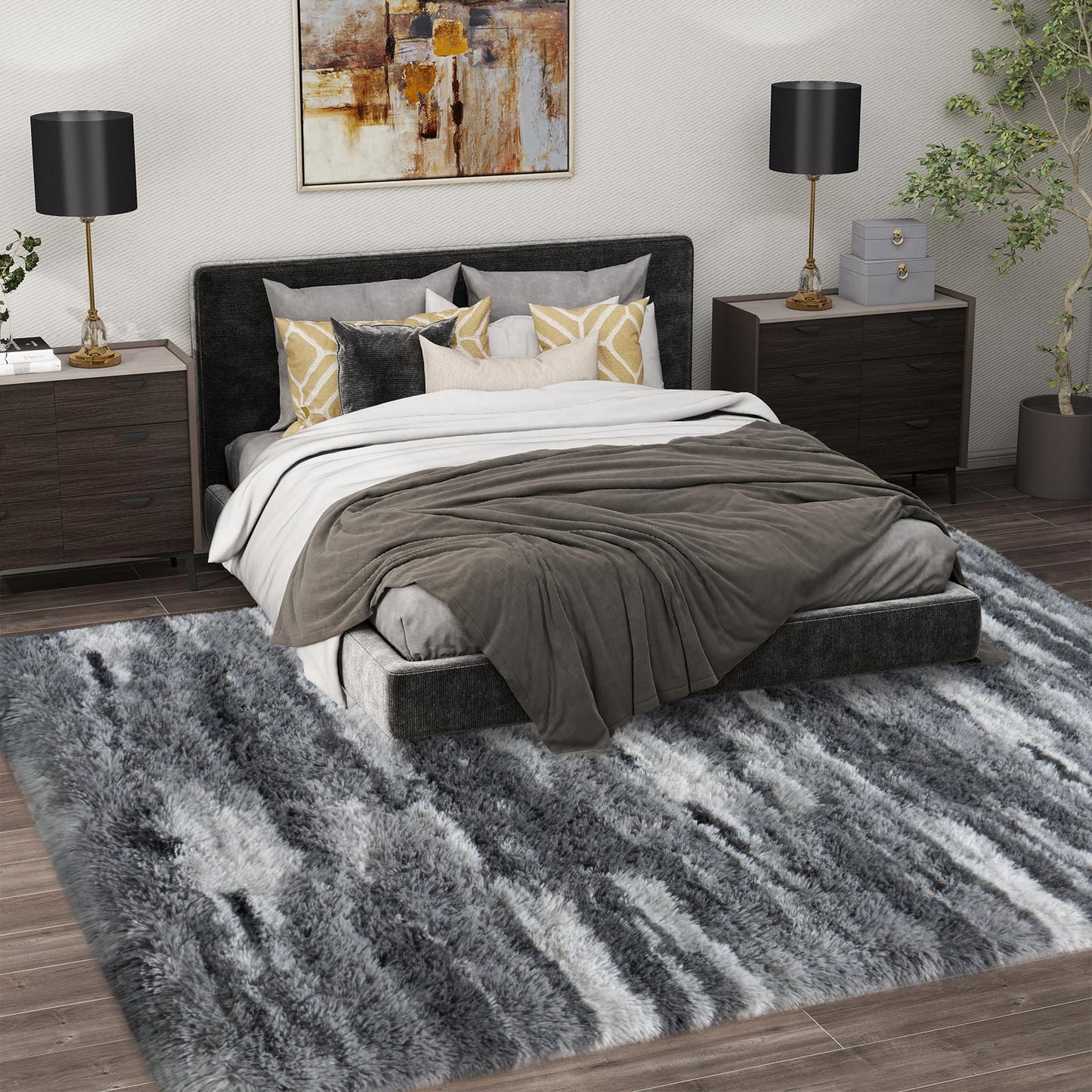 Ailyei Shag Rugs for Living Room 5x7, Ultra Soft Abstract Grey Big Fuzzy Rugs for Bedroom, 5 x 7 Fluffy Shaggy Plush Carpet Girls Kids Room Dorm Upgrade Non-Slip