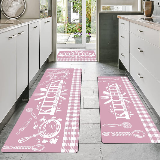 Pink Kitchen Mats for Floor, 3 Pieces Non Slip Cushioned Kitchen Runner Rugs with Grid Design, Waterproof Comfort Mat Farmhouse Chef Runners Carpet for Sink, Bathroom