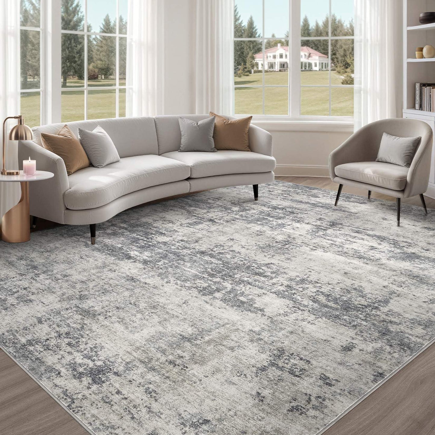 TARANCH Abstract 5x7 Area Rug: Machine Washable Non Slip Ultra Thin Low-Pile Carpet, Soft Stain Resistant for Living Room Bedroom Nursery, Kid Pet Friendly, Robot Vacuum Compatible - Dark Grey/Beige