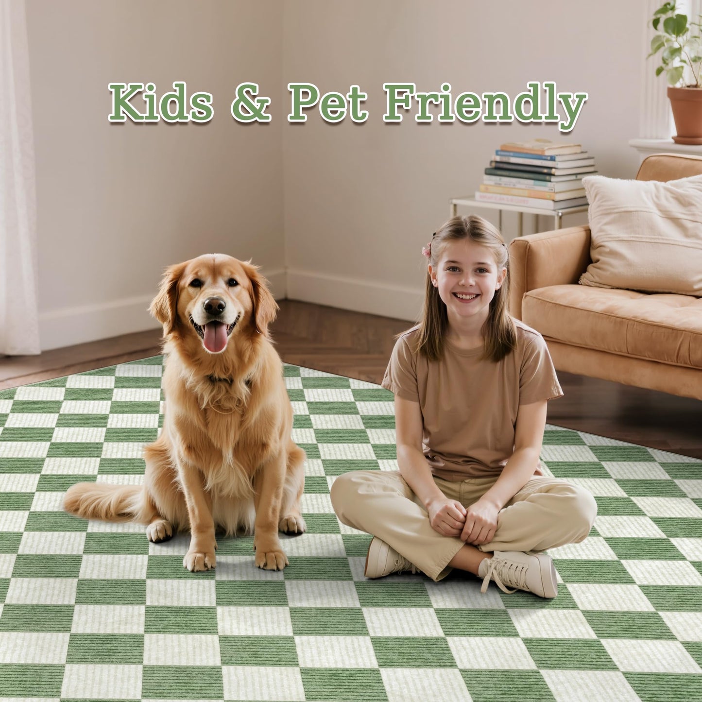 Kiginara Washable Green Checkered Rug 5x7, Non-Slip Low Pile Area Rug for Living Room, Bedroom, Nursery, Modern Neutral Farmhouse Diamond Carpet, Pet & Kid Friendly