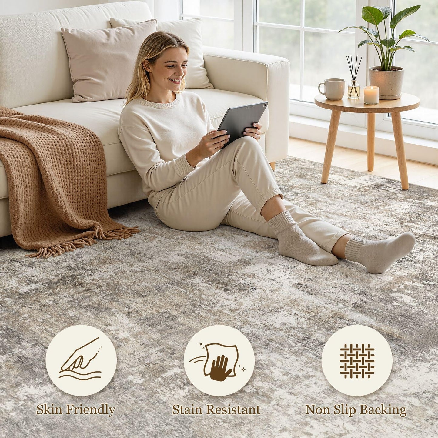 Jessibou Area Rugs 5x7 Living Room: Washable Large Abstract Modern Neutral Rugs Soft Non Slip Stain Resistant Low Pile Carpet for Bedroom Dining Nursery Home Office Room Home Decor - Brown Grey