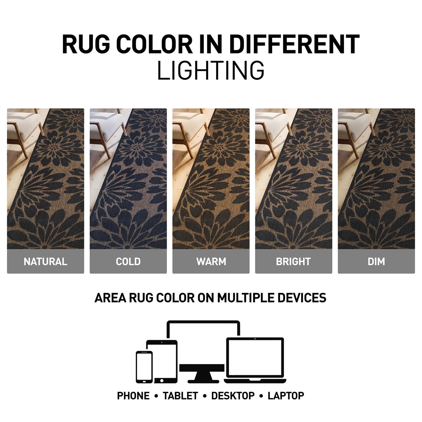 Rugshop Floral Indoor Outdoor Flat Woven Area Rug,Natural Jute-Style,Easy-Care Patio Rug for Backyard Porch Deck Balcony, 6'6" x 9' Dark Gray/Natural