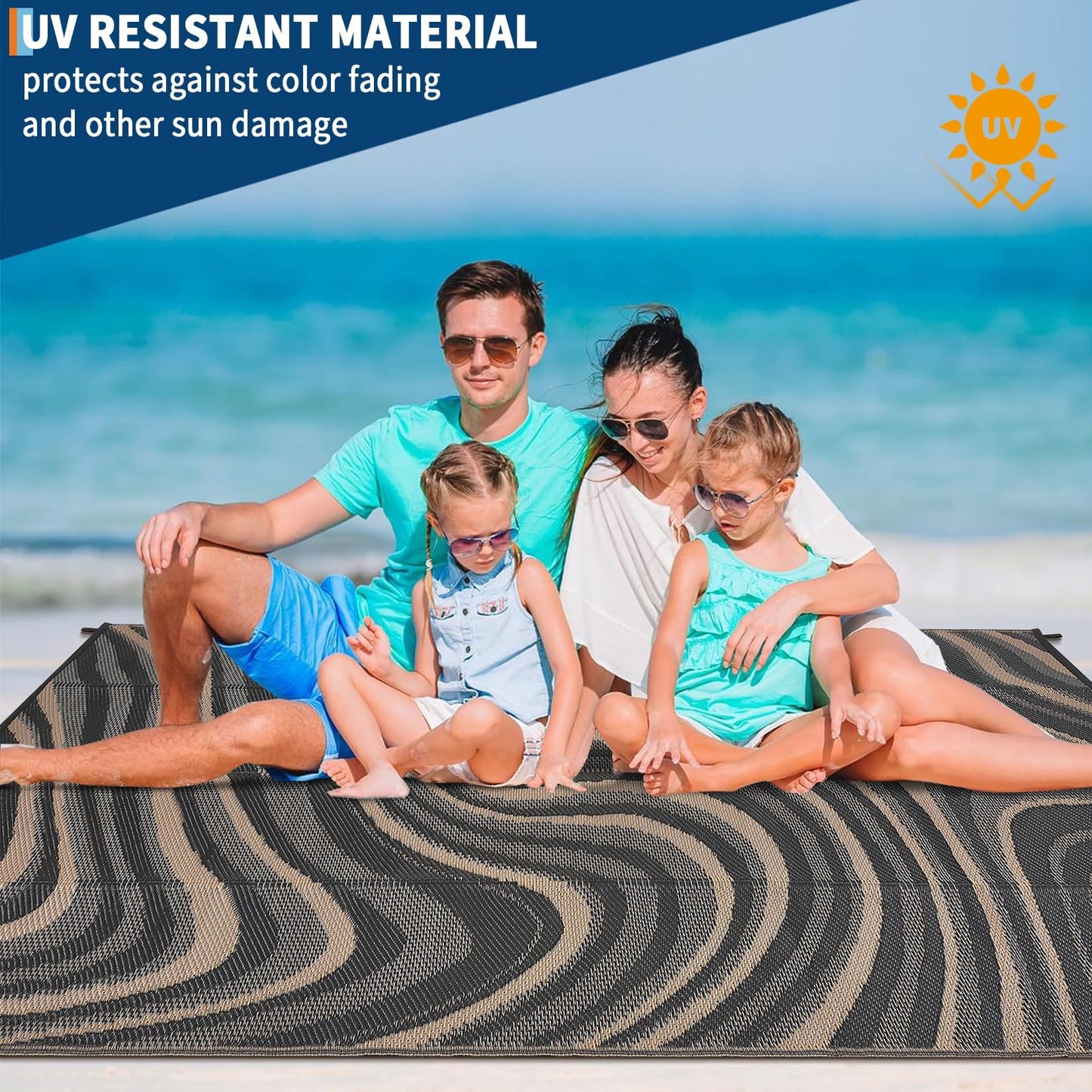 MilleLoom Patio Modern Abstarct Outdoor Rug 10x14 Waterproof Large Reversible Camping Mat Foldable Lightweight Plastic Straw Outdoor Rug for Deck, Camper, Balcony, Beach, Rv，Black/Gray/Brown