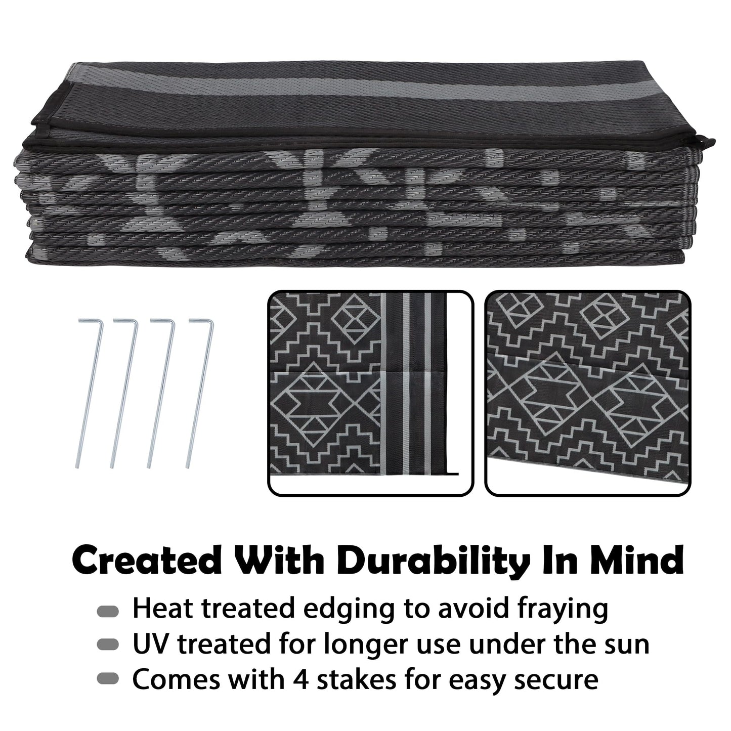 SAND MINE Reversible Mats, Plastic Straw Rug, Modern Area Rug, Large Floor Mat and Rug for Outdoors, RV, Patio, Backyard, Deck, Picnic, Beach, Trailer, Camping (9' x 18', Black & Grey)
