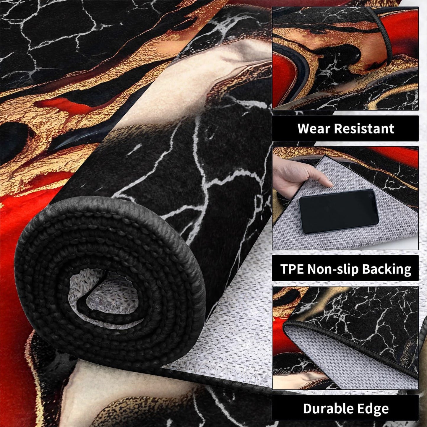 RSJLFHE 4x6ft Area Rug for Living Room, Elegant Red Black Gold Abstract Marble Washable Rug, Non Slip Low Pile Fluid Ink Design Stain Resistant Indoor Carpet for Bedroom Office Home Decor