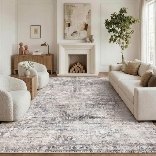OHWPEAT 6x9 Washable Area Rugs for Living Room, Vintage Grey Rug for Bedroom, Dining Room, Kitchen, Large Indoor Soft Rugs for Classroom, Nusery, Dorm, Non Slip Low Pile Distressed Carpets for Office