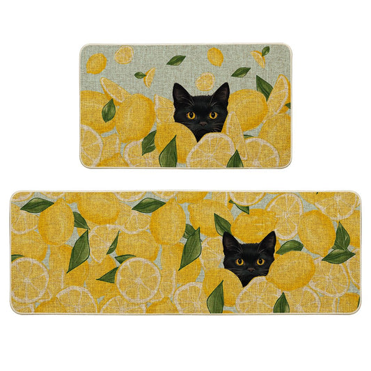 Artoid Mode Lemon Black Cat Summer Kitchen Mats Set of 2, Seasonal Low-Profile Home Decor Kitchen Rugs for Floor - 17x29 and 17x47 Inch