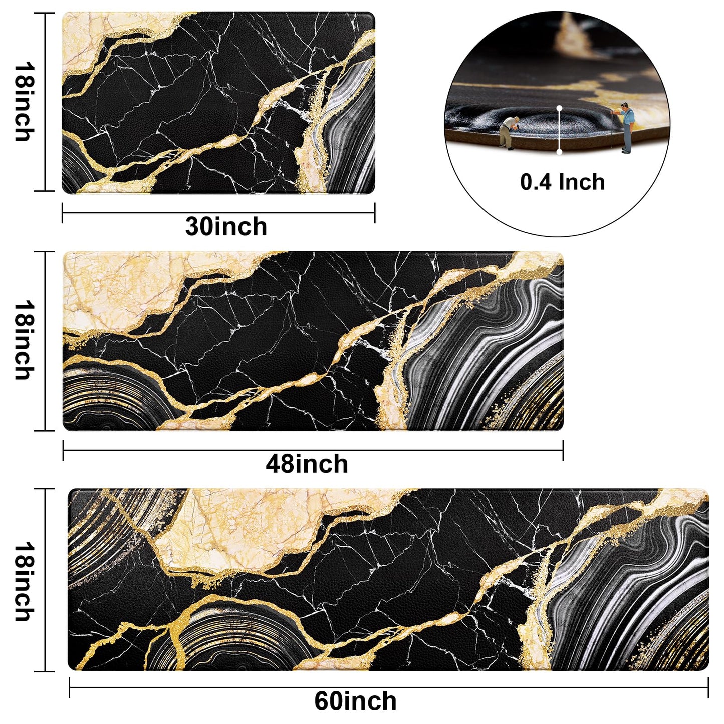 ASPMIZ 3 Piece Marble Kitchen Runner Rugs Set, Anti Fatigue Cushioned Kitchen Floor Mats, Black Gold Marble Kitchen Rugs Non Slip, PVC Waterproof Kitchen Mats 18'' x 30'' + 18'' x 48'' + 18'' x 60''