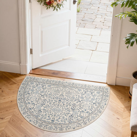 jinchan Zenith Blue Floral Area Rug for Entryway 2x3 Vintage Washable Rug Half Circle Botanical Non-Slip Doormat Low-Profile Soft Small Throw Dirt Trapping Carpet for Entrance Kitchen Bedroom Bathroom
