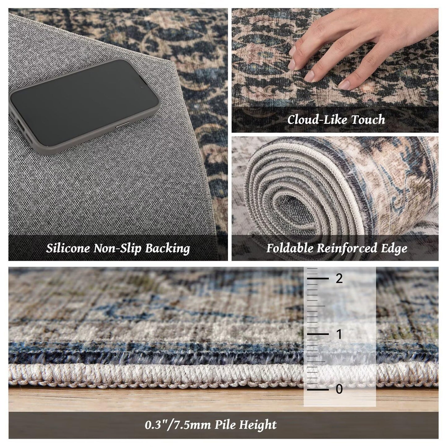Boho Washable 10x14 Area Rugs for Living Room, Cushioned, Black/Navy Blue