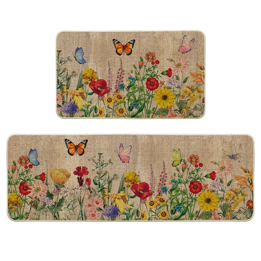 Artoid Mode Wood Flowers Butterfly Spring Kitchen Mats Set of 2, Seasonal Home Decor Leaves Low-Profile Kitchen Rugs for Floor - 17x29 and 17x47 Inch