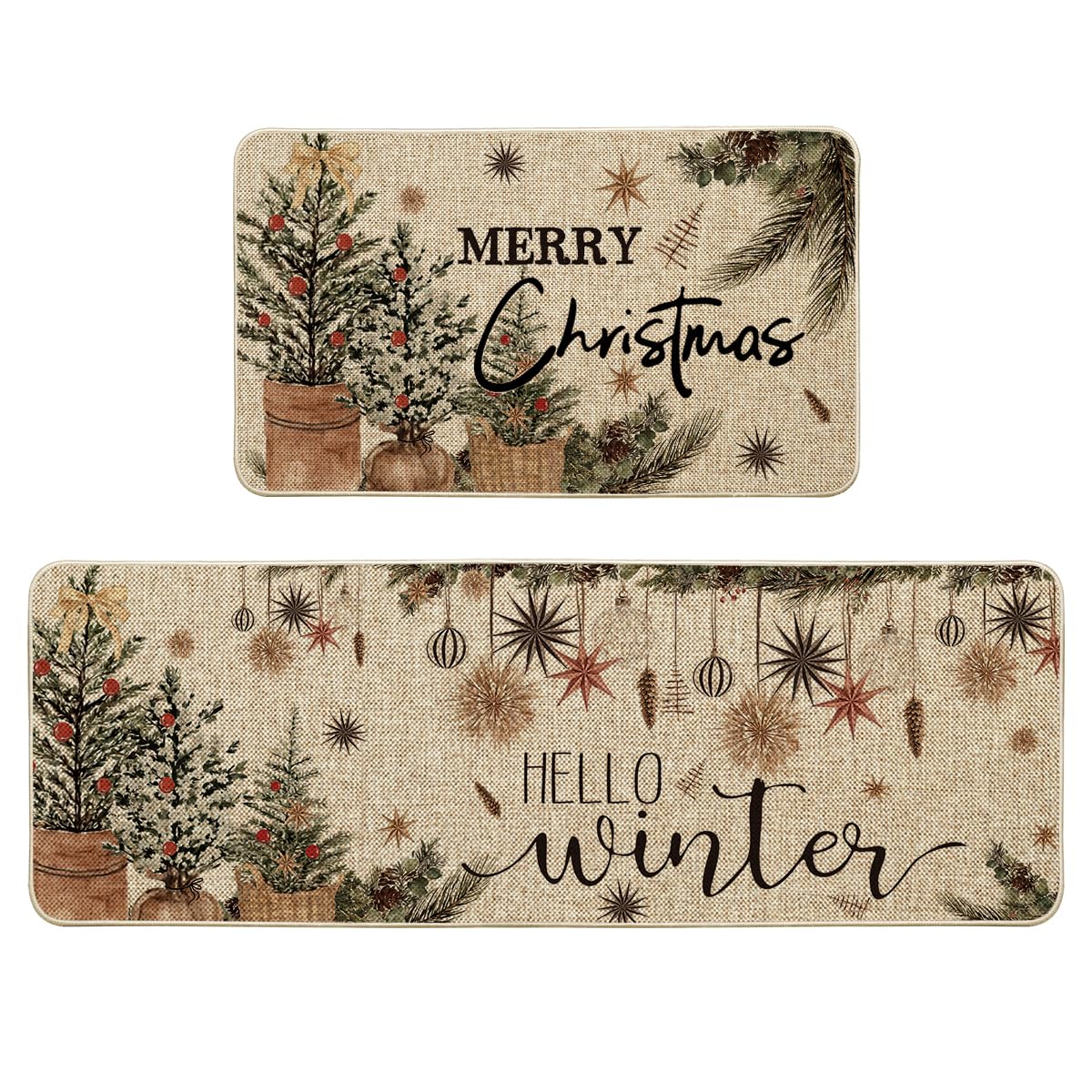 Artoid Mode Holly Ornament Merry Christmas Kitchen Mats Set of 2, Winter Home Decor Low-Profile Kitchen Rugs for Floor - 17x29 and 17x47 Inch