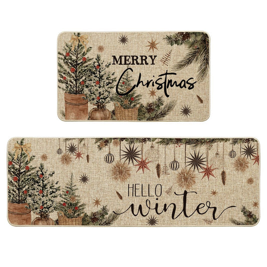 Artoid Mode Holly Ornament Merry Christmas Kitchen Mats Set of 2, Winter Home Decor Low-Profile Kitchen Rugs for Floor - 17x29 and 17x47 Inch