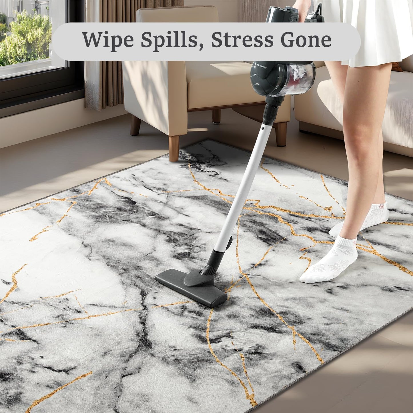 CRYPTOLITE Living Room Rug Washable Abstract Rugs with Non-Slip Backing Low Pile Area Rug for Living Room, Bedroom, Dining Room, 6x9, Gold&Grey