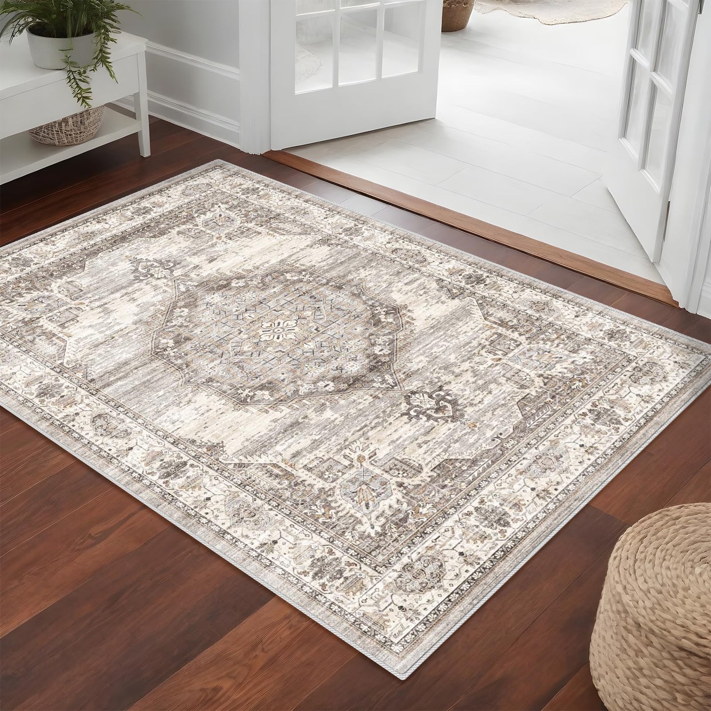 Washable Area Rugs 3x5 Entryway: Soft Low Pile Mat Machine Washable Indoor Doormat Lightweight Entry Rug Anti Slip Backing Rugs for Living Room Bedroom Kitchen Bathroom 3'x5' Beige