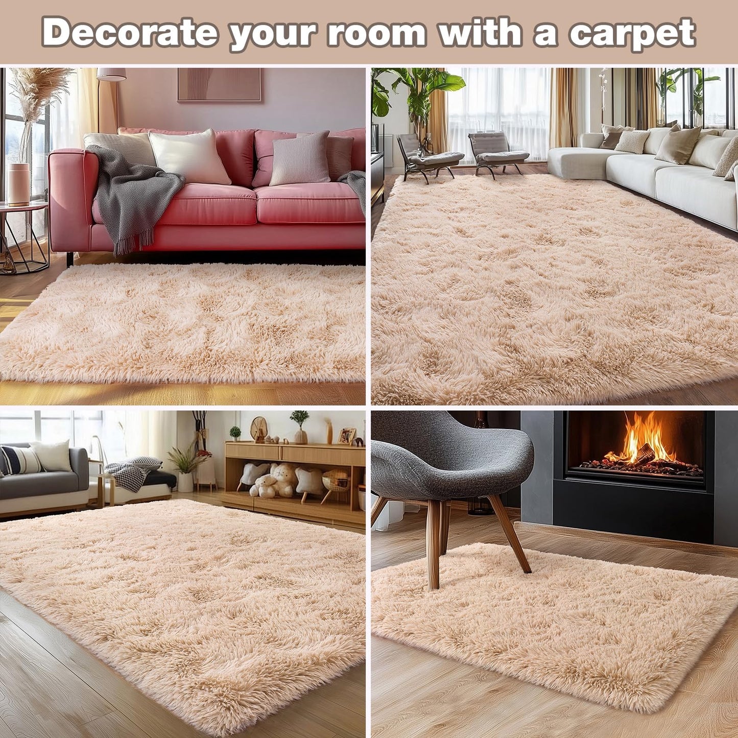 Rezutan Fluffy Rug for Living Room Bedroom Soft Modern Shaggy Fuzzy Kids for Living Room, Cute Room Decor, Plush Indoor Nursery Home Decor Bedside with Non-Slip Bottom, Beige, 4 X 6 Feet