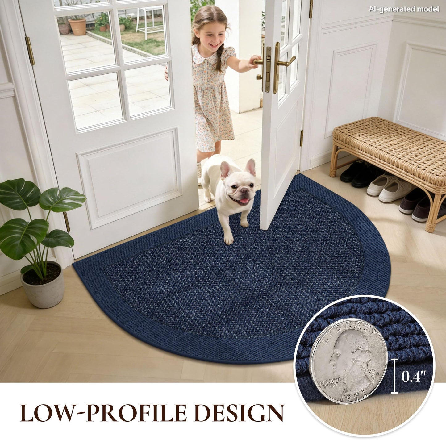 FLOORHUG Dirt Trapper Door Mats 17"x30", Half Circle Entryway Rugs Non-Slip Washable, Dirt Resist and Absorbent Doormat Low Profile Entrance Mat Floor Mats for Front Back Door, Blue