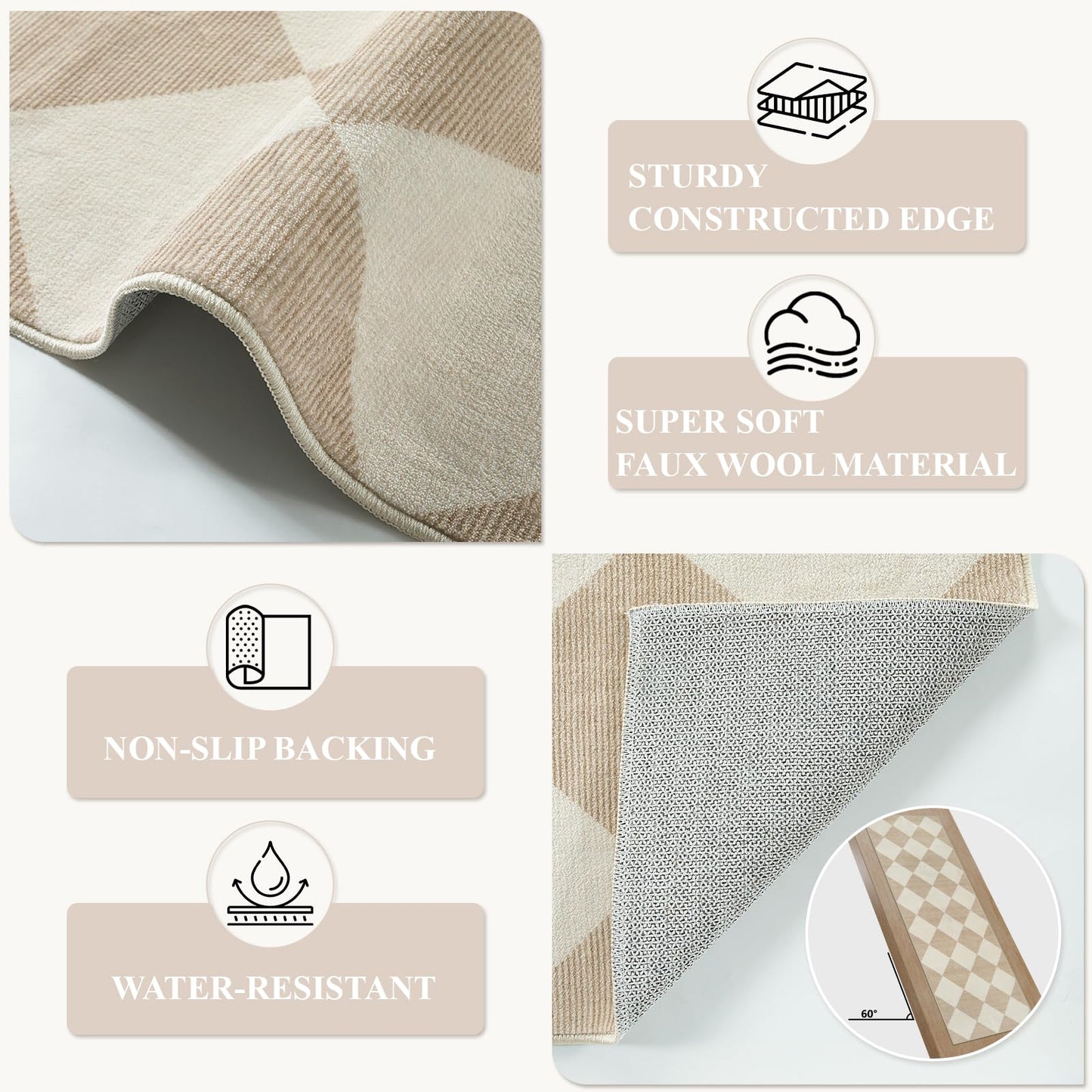 Beeiva Checkered Print Carpet Runners for Hallway 12ft, Beige Neutral Washable Long Hallway Runner Rug 2.5x12, Moroccan Gingham Diamond Carpet Ultra Thin Faux Wool Rug for Kitchen Decor