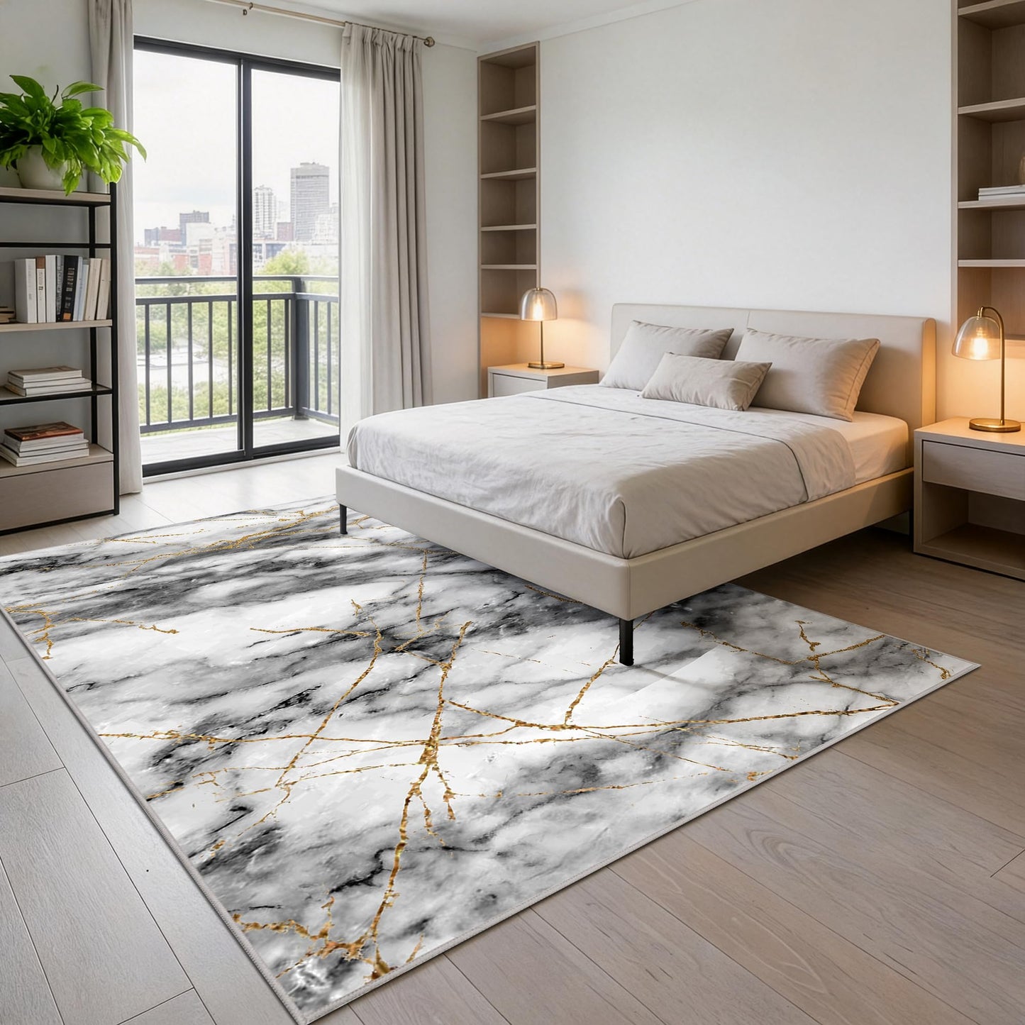 Merelax 6x9 Area Rug for Livingroom Bedroom - Washable Non-Slip Large Grey Rug, Indoor Floor Carpet Low Pile Soft Rug for Dining Room, Mudroom, Modern Aesthetic Abstract Geometric Decor, Gray&Gold