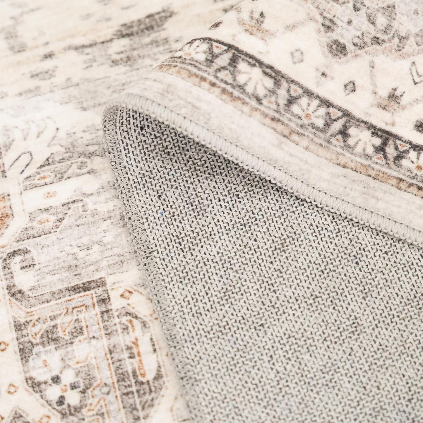 5x5 Area Rug Washable Living Room Rugs: 5ft Square Ultra Thin Soft Oriental Area Rugs Non-Slip Backing Farmhouse Rug Low Pile Thin Stain Resistant Indoor Carpets, 5' x 5' Beige